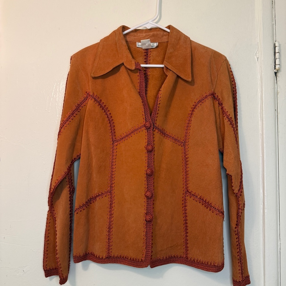 Vintage 70s Boho Burnt Orange Suede Leather & Crochet Trim Jacket Size M
